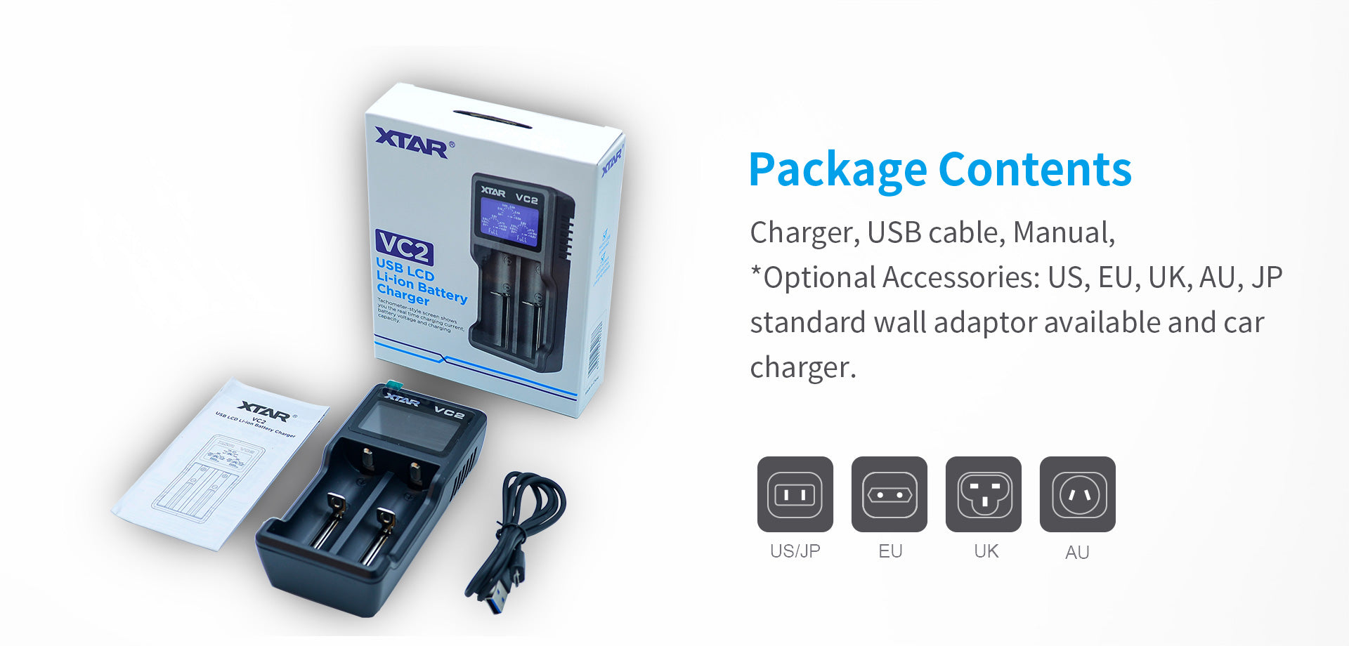 Xtar VC2 Battery Charger package contents